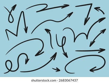 Set of simple hand drawn black arrows in various styles. Doodle arrow collection with curved, straight, zigzag and sketchy lines. Minimal vector design elements for direction and navigation.