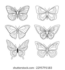 Set of simple hand drawn butterflies. Minimalistic tattoo of single line butterfly.