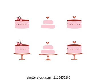 Set of simple hand drawn cakes. Elements for wedding, birthday, valentines day. Vector.