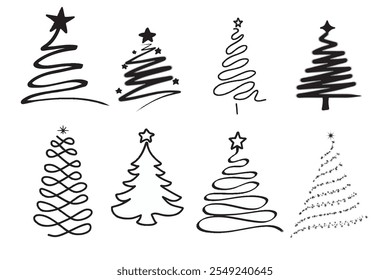 Conjunto de simple dibujado a mano de árbol de Navidad