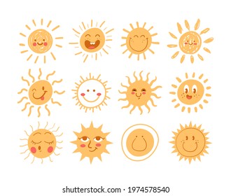 Set of simple hand drawn doodle sun with happy funny smiling faces isolated on white isolated background. Modern style simple flat vector illustration