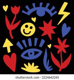 Set of simple hand drawn doodle paper cut elements - flowers, eyes, star, hearts, funny face, arrow. Matisse inspired retro cutout symbols and shapes. Vector illustration