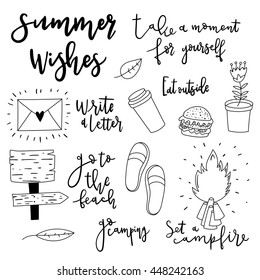 Set of simple hand drawn doodle line icons. Summer cute outdoor activity vector illustrations and lettering.