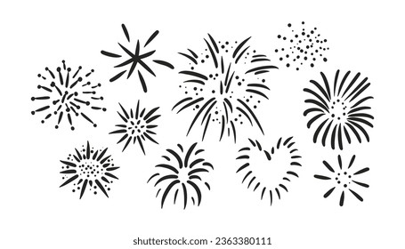 Juego de simples fuegos artificiales dibujados a mano. Estilo de dibujo de Doodle. Colección de iconos de fuegos artificiales festivos. Ilustración vectorial negra aislada en fondo blanco