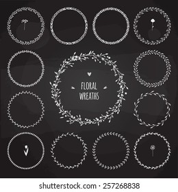 set of simple hand drawn floral wreaths on dark background, thirteen different wreathes