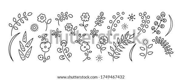 Set of simple hand drawn floral elements\
isolated on white background. Wild flowers, brunches and leaves.\
Doodle style. Plants vector\
illustration.