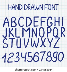 Set of simple hand drawn font. Decoration and design. Sketch on the copybook sheet. Vector illustration. Easy to paste to any background