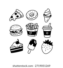 Set of simple hand drawn food line icons in black and white isolated on white background