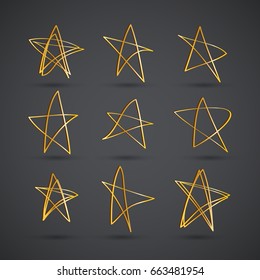 Set of simple hand drawn golden stars. Handdrawn rough marker stars isolated on dark background. Vector illustration for your graphic design.