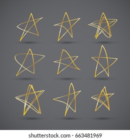 Set of simple hand drawn golden stars. Handdrawn rough marker stars isolated on dark background. Vector illustration for your graphic design.