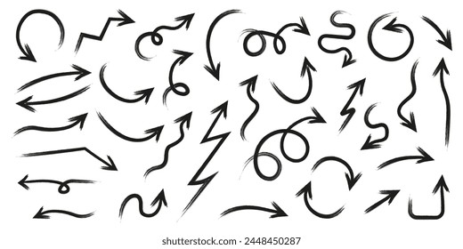 Set of simple hand drawn grunge arrows . Vector grunge arrows mark icons . Black simple grunge arrows collection .Grunge pointer.