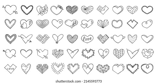 Set von einfacher, handgezeichnet gezeichneter Herdgrafik einzeln auf weißem Hintergrund. Herzdoodle von Cute Valentin.