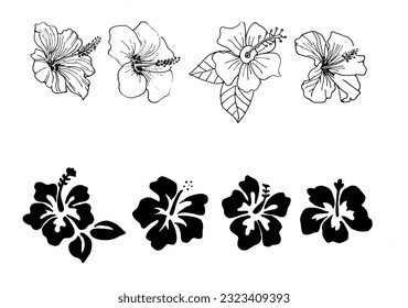 set of simple hand drawn of hibiscus flower in black and white, isolated in white