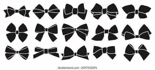 Set of simple hand drawn icons, decorative holiday ribbon bows for gift, present, decorate on white background. Bow silhouette for wrapping for birthday, Christmas, wedding. Isolated Flat Vector EPS10