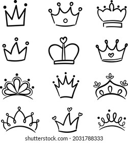 A set of simple hand drawn illustrations of crowns, with lines present and no background.