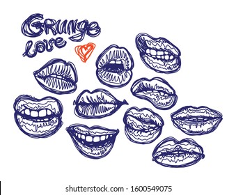 Set of simple hand drawn line art lips isolated on a white background. Grunge styled illustration with beautiful woman mouths of various shapes.