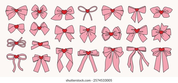 Set of simple hand drawn pink decorative holiday ribbon bows for gifts, to decorate hair. Bow with knot red heart for gift wrapping for birthday, Valentine's day. Isolated Flat Vector element EPS10