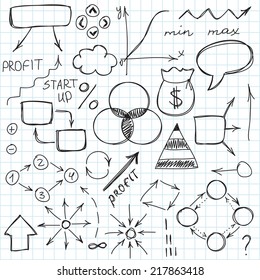 Set of simple hand drawn signs and symbols. Business and start up. Vector illustration. Easy to paste to any background