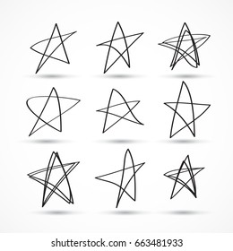 Set of simple hand drawn stars. Handdrawn rough marker stars isolated on white background. Vector illustration for your graphic design.