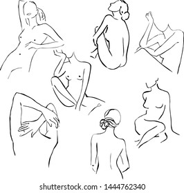 Set simple hand drawn trendy line silhouettes ladies isolated on white background. Modern minimalism art, aesthetic contour. Abstract women's silhouette, minimalist style. 