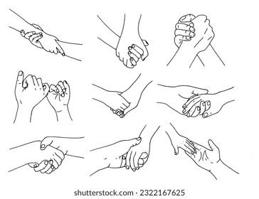 set of simple hand drawn of two hands holding, shaking hands, holding hands