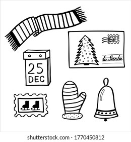 Set of simple hand drawn vector illustrations in black and white doodle style Christmas time