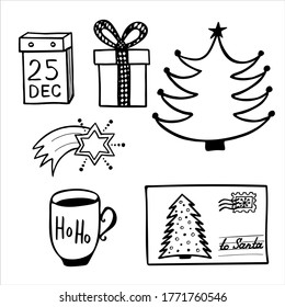 Set of simple hand drawn vector illustrations in black and white doodle style Christmas time