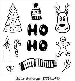 Set of simple hand drawn vector illustrations in black and white doodle style Christmas time