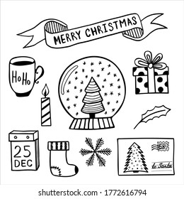 Set of simple hand drawn vector illustrations in black and white doodle style Christmas time