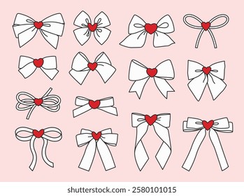 Set simple hand drawn white decorative holiday ribbon bows for gift, to decorate present. Bow with knot red heart for gift wrapping for birthday, Valentine's day. 12 Isolated Flat Vector element EPS10