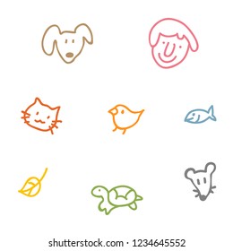 a set of simple hand drown symbols of animals (pets), plants and human, of different colours, for children