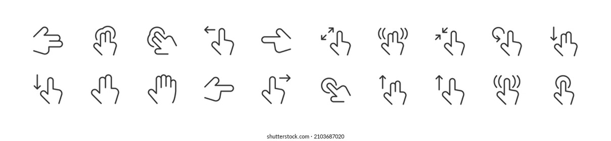 Set of simple hand gesture line icons. Outline stroke object. Linear signs pack. Perfect for web apps and mobile.