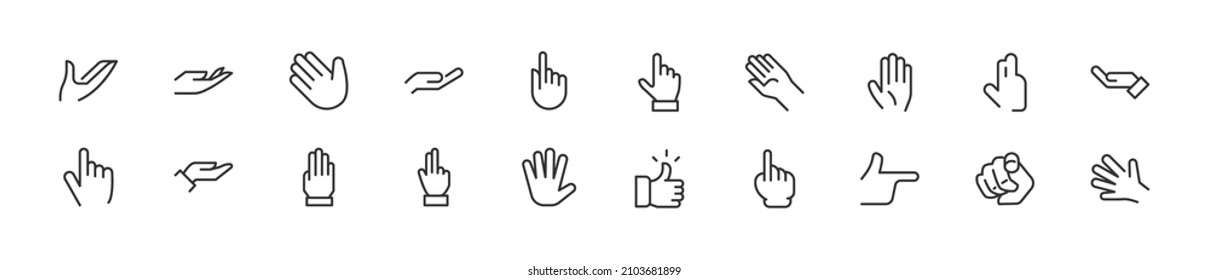 Set of simple hand line icons. Outline stroke object. Linear signs pack. Perfect for web apps and mobile.