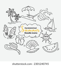 set of simple hand sketched doodle icon ideas in a line art style for the summer season vector