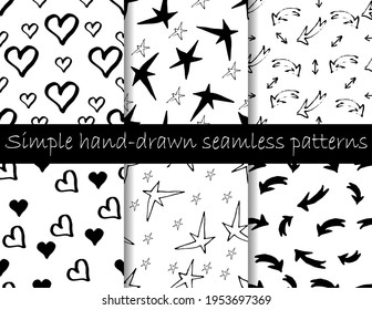 Set of simple hand-drawing pattern with different hearts, stars and arrows for decoration interior, fabrics, print posters, greeting card, business banner, wrapping in modern doodle style in vector.