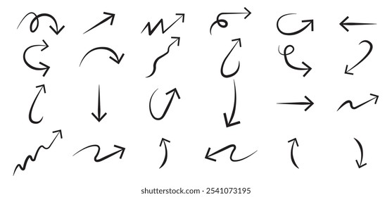 Set of simple hand-drawn black arrows in various styles. Vector illustration