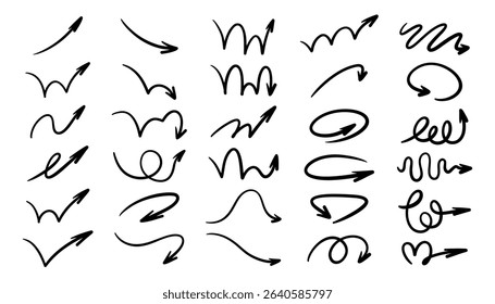 Set of simple hand-drawn black arrows in various styles. Minimalist line art collection with different arrow shapes. Perfect for design, navigation, infographics, and creative projects.