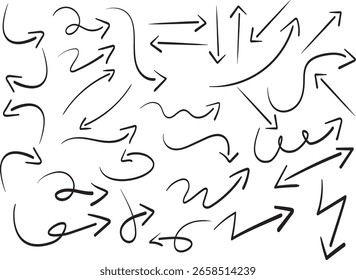 Satz von einfachen handgezeichneten schwarzen Pfeilen in verschiedenen Stilen. Satz einfacher, handgezeichneter schwarzer Pfeile. Satz einfacher, handgezeichneter schwarzer Pfeile. Verschiedene Sammlungen von einfachen Linien Pfeile 2.