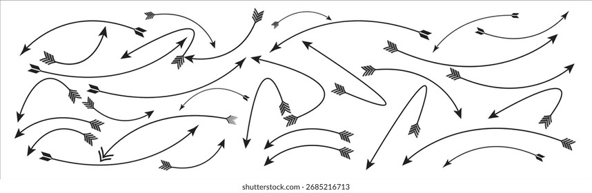 Conjunto de flechas negras simples dibujadas a mano. Flecha Varios símbolos de embalaje. Conjunto de flechas negras dibujadas a mano colección - Doodle, bosquejo y estilos de Vector, conjunto de iconos de línea de Vector de flecha, conjunto de flechas de Vector moderno