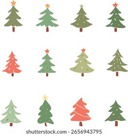 Conjunto de simples árboles de Navidad decorativos dibujados a mano en un estilo juguetón e infantil. Perfecto para los diseños de vacaciones de los niños, tarjetas de felicitación, e ilustraciones festivas