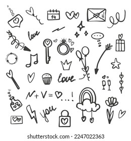 A set of simple hand-drawn decorative illustrations. There are various illustrations such as sparkles, stars, hearts, speech balloons, arrows, flowers, emphasis icons, 