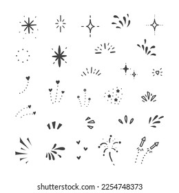 A set of simple hand-drawn decorative illustrations. There are various illustrations such as sparkles, stars, hearts, drops, emphasis icons, fireworks etc.