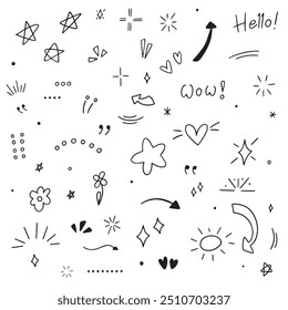 A set of simple handdrawn decorative illustrations Doodlehearts,  sparkles, stars, arrows, flowers, emphasis icons. Doodle cute glitter pen line elements. 