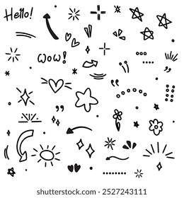 A set of simple handdrawn decorative illustrations Doodlehearts, sparkles, stars, arrows, flowers, emphasis icons. Doodle cute glitter pen line elements.