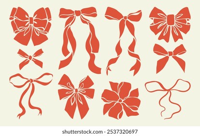 Set of simple hand-drawn gift ribbon bows. Holiday bows for gift wrapping. Red bowknot silhouettes for Christmas, New Year, Valentine's Day cards, wedding invitations, and banners. Vector illustration