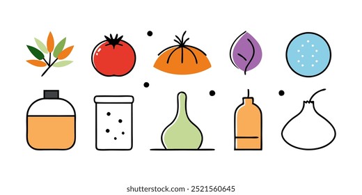 A set of simple, hand-drawn icons representing various kitchen ingredients and tools, perfect for adding a touch of charm to your culinary designs. These illustrations are ideal for recipe websites.