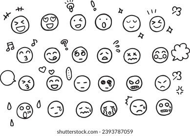 A set of simple hand-drawn illustrations depicting various emotions and facial expressions. (Black and white icons)