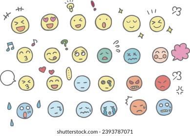 A set of simple hand-drawn illustrations depicting various emotions and facial expressions. (Colorful icons)