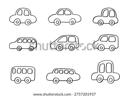 A set of simple, hand-drawn illustrations (line art) of familiar vehicles such as cars