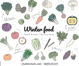 A set of simple hand-drawn illustrations of winter food